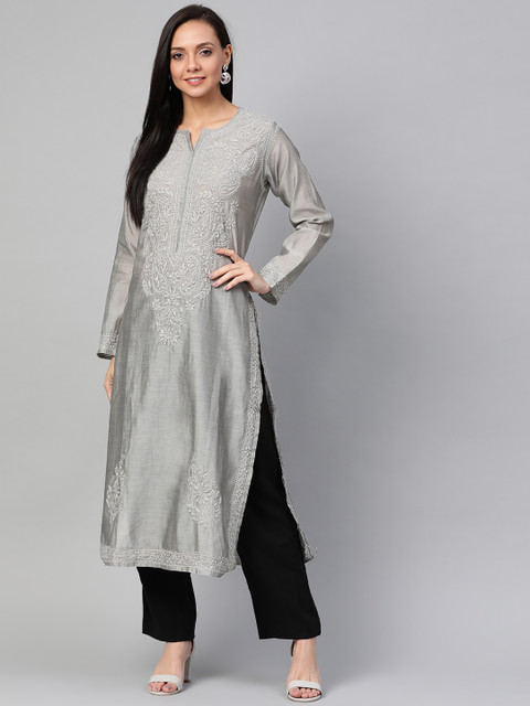 

ADA Women Grey Chikankari Hand Embroidered Straight Kurta