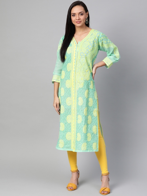 

ADA Women Sea Green & Yellow Chikankari Hand Embroidered Straight Sustainable Kurta