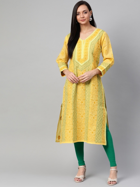 

ADA Women Mustard Yellow & Green Chikankari Hand Embroidered Straight Sustainable Kurta
