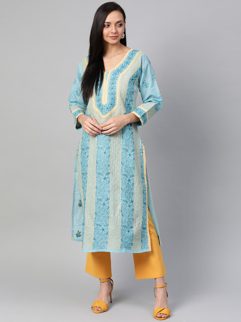 

ADA Women Blue & Beige Chikankari Hand Embroidered Straight Sustainable Kurta