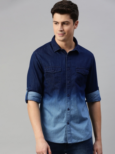 

HERE&NOW Men Blue Slim Fit Ombre Dyed Casual Denim Shirt
