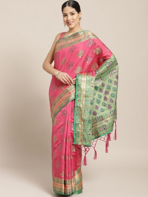 

Chhabra 555 Pink & Green Woven Design Banarasi Saree With Zari Work