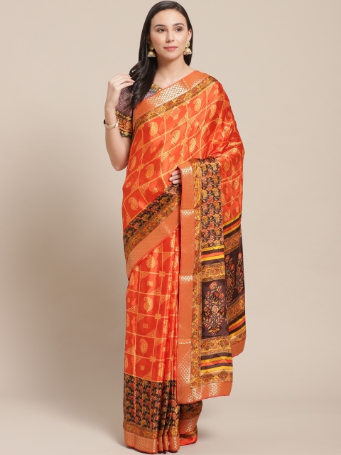 

Chhabra 555 Orange & Mustard Yellow Jacquard Checked Leheriya Saree with Digital Print