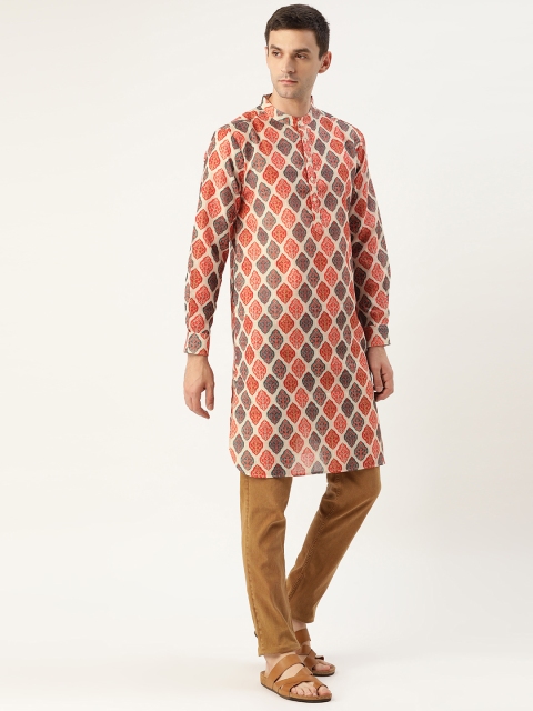 

Style Quotient Men Beige & Orange Printed Straight Kurta