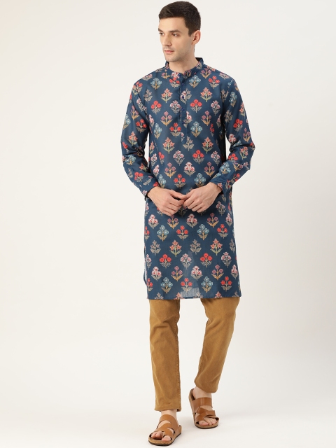 

Style Quotient Men Navy Blue & Orange Printed Straight Kurta