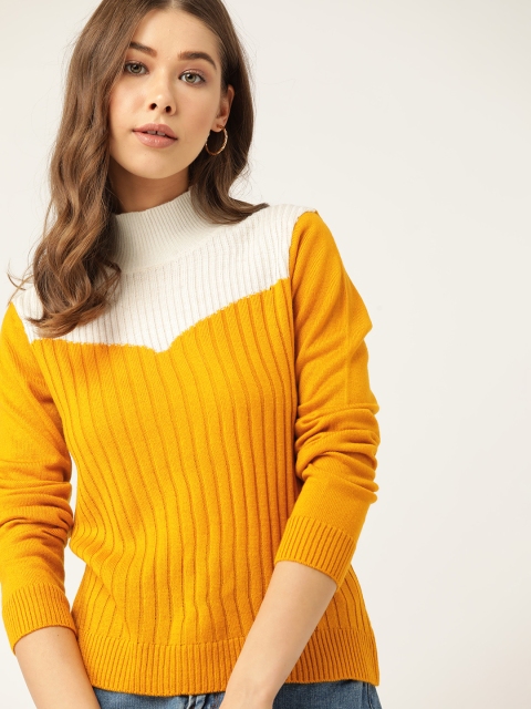 

DressBerry Women Mustard Yellow & Off White Acrylic Striped Pullover