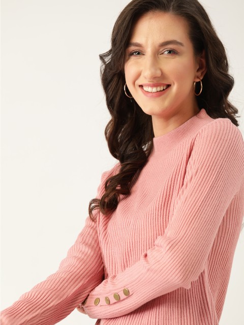 

DressBerry Women Pink Ribbed Acrylic Pullover
