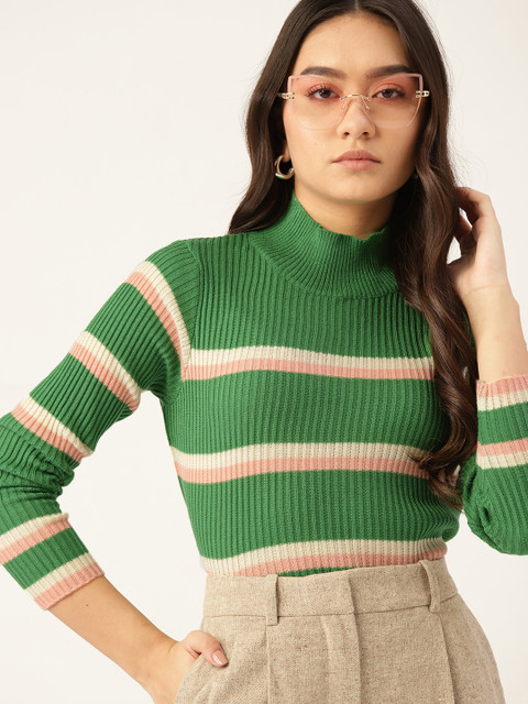 

DressBerry Women Green & Pink Striped Pullover Sweater
