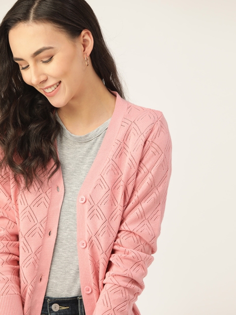 

DressBerry Women Pink Open-Knit Acrylic Cardigan