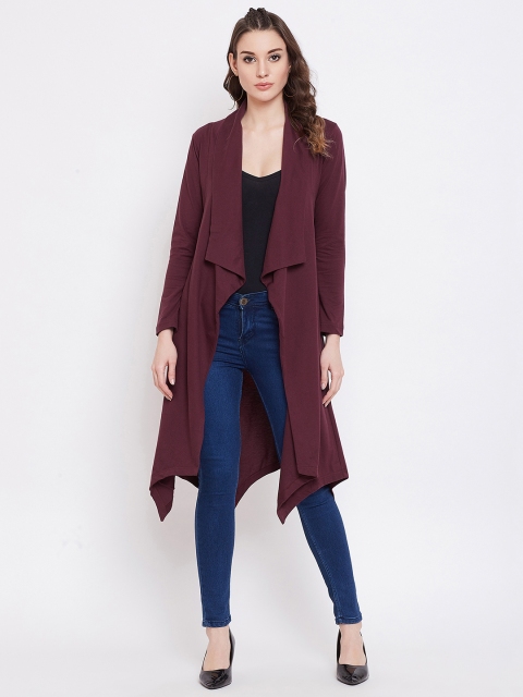 

Hypernation Women Burgundy Solid Open Front Longline Shrug