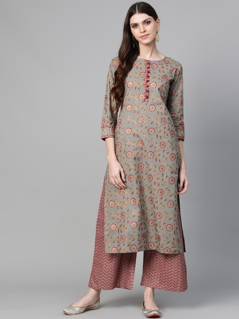 

Yufta Women Grey & Maroon Floral Print Kurta with Palazzos