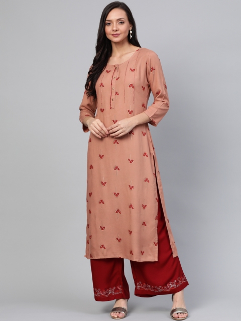 

Yufta Women Peach-Coloured & Maroon Printed Kurta with Palazzos