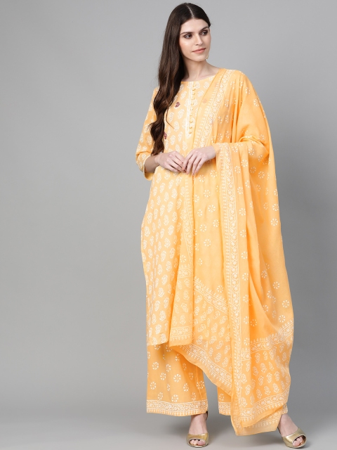 

Yufta Women Yellow & Off-White Paisley Print Kurta with Palazzos & Dupatta