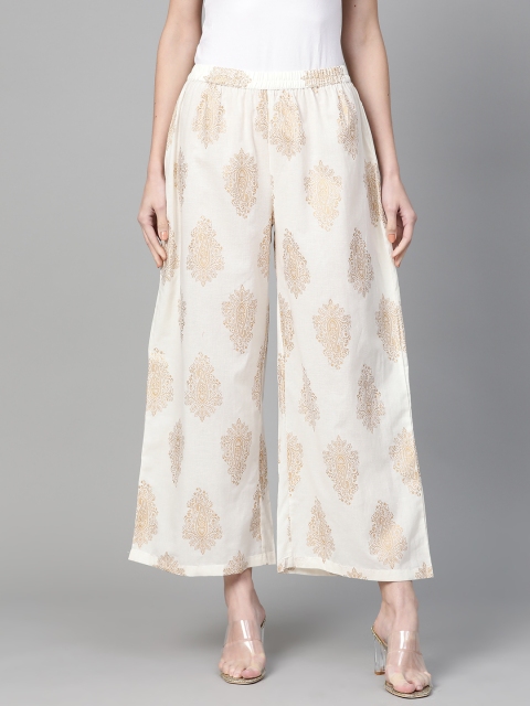 

Yufta Women Off-White & Golden Ethnic Print Wide Leg Palazzos
