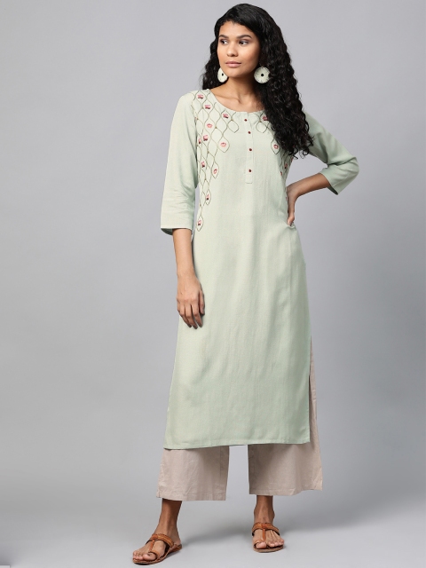 

Yufta Women Green Yoke Design Straight Kurta