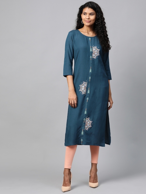 

Yufta Women Navy Blue Embroidered Straight Kurta