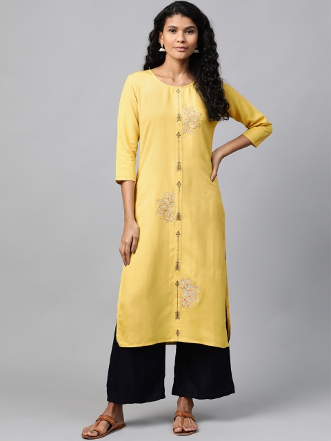 

Yufta Women Mustard Yellow Embroidered Straight Kurta