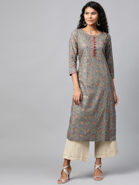 

Yufta Women Grey & Golden Printed Straight Kurta