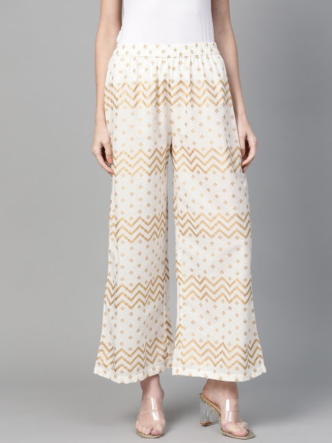 

Yufta Women Off-White & Golden Printed Wide Leg Palazzos