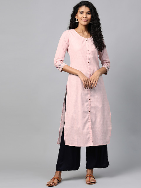 

Yufta Women Pink & Black Striped Straight Kurta