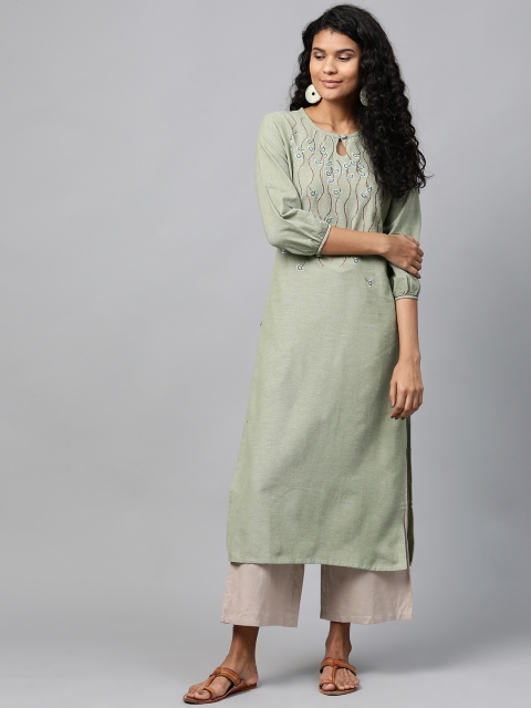 

Yufta Women Green Yoke Design Straight Kurta