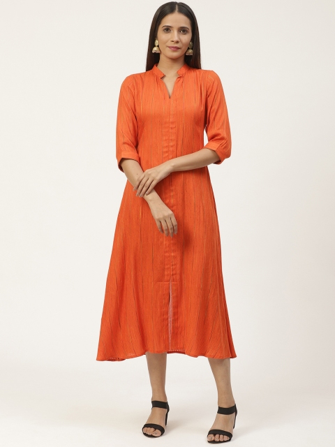 

GERUA Women Orange Self Design Midi A-Line Dress