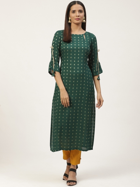 

GERUA Women Green & Golden Embroidered Straight Kurta