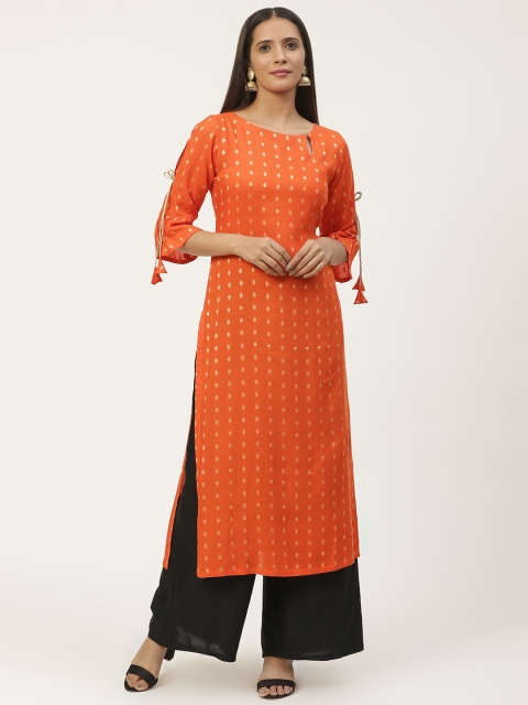 

GERUA Women Orange & Golden Embroidered Straight Kurta