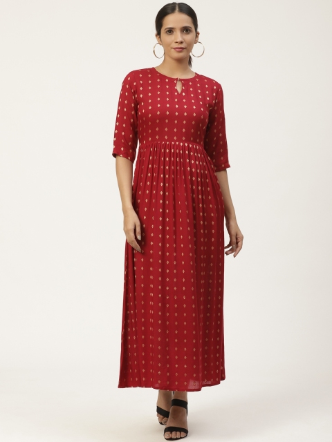 

GERUA Women Red & Golden Woven Design Maxi Dress
