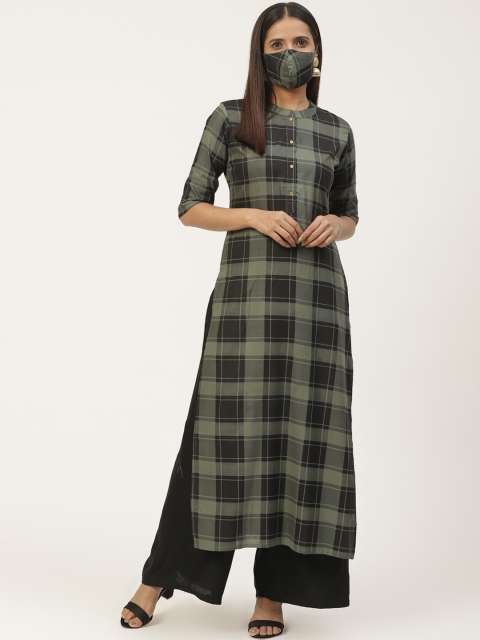 

GERUA Women Olive Green Black Checked Straight Kurta