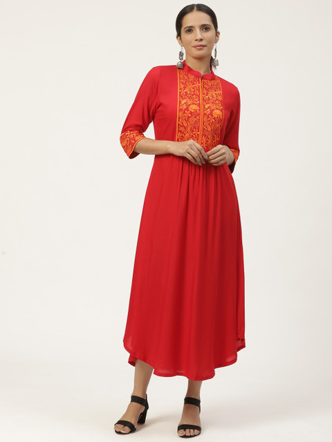 

GERUA Women Red & Mustard Yellow Embroidered Detail Maxi Dress