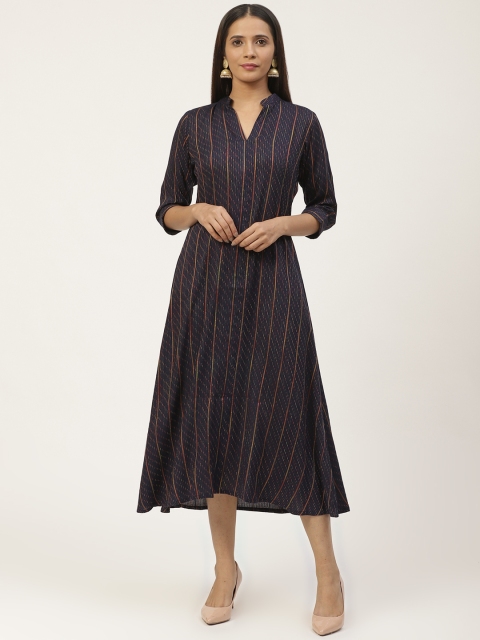 

GERUA Women Navy Blue & Orange Self-Striped A-Line Dress