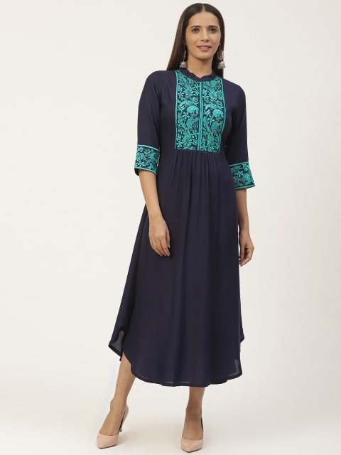

GERUA Women Navy Blue & Green Ethnic Embroidered A-Line Dress