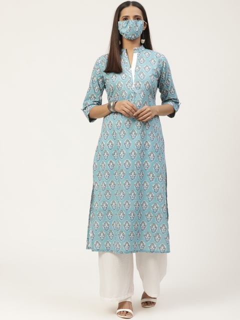 

GERUA Women Blue White Printed Straight Kurta