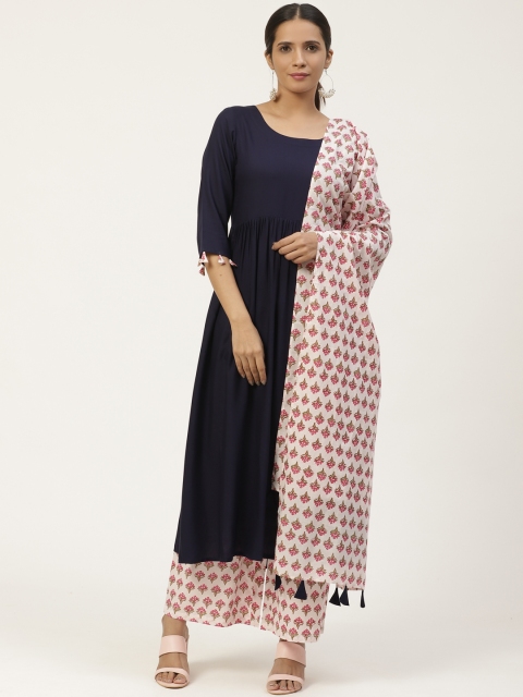 

GERUA Women Navy Blue & Off-White Solid Kurta with Palazzos & Dupatta