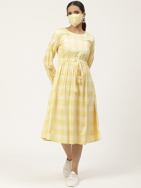 

GERUA Women Yellow & White Checked A-Line Dress With Matching Mask