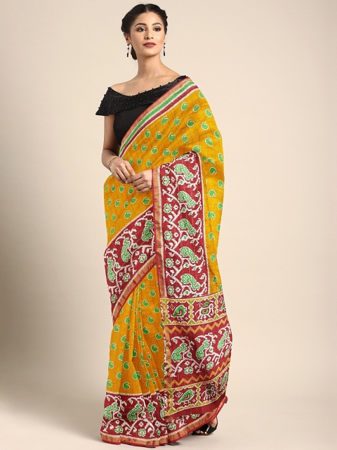 

The Chennai Silks Classicate Mustard Yellow & Green Printed Banarasi Saree