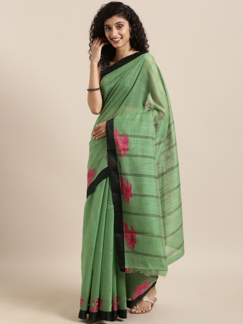 

The Chennai Silks Green & Black Cotton Blend Solid Saree