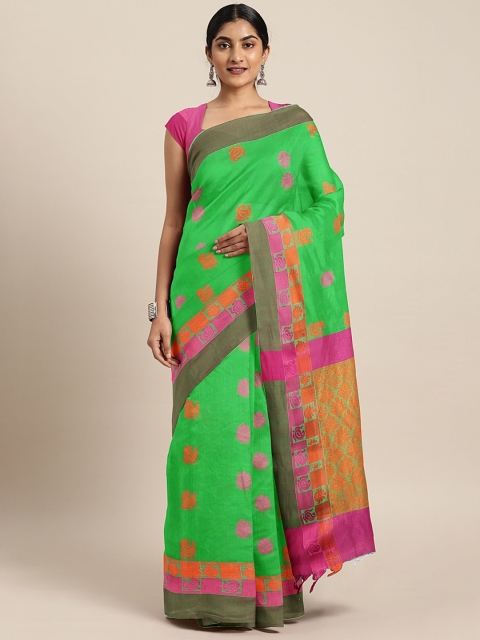 

The Chennai Silks Classicate Green & Pink Silk Cotton Woven Design Maheshwari Saree