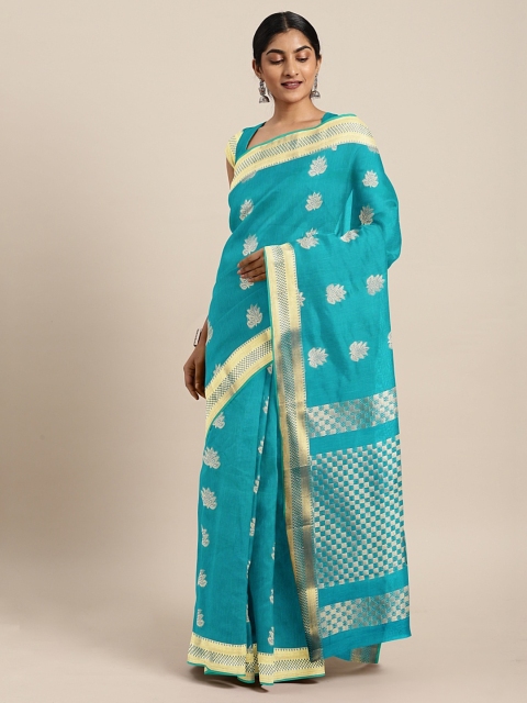 

The Chennai Silks Turquoise Blue & Golden Zari Woven Design Maheshwari Saree