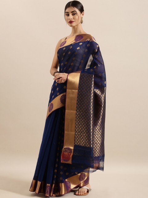 

The Chennai Silks Classicate Navy Blue & Golden Silk Cotton Woven Design Maheshwari Saree