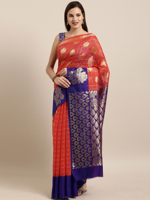 

The Chennai Silks Classicate Red & Golden Silk Cotton Checked Maheshwari Saree