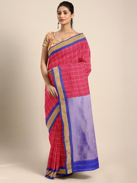 

The Chennai Silks Coral Red & Golden Checked Maheshwari Saree