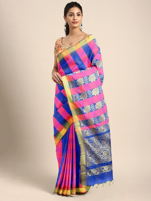 

The Chennai Silks Classicate Pink & Blue Striped Maheshwari Saree