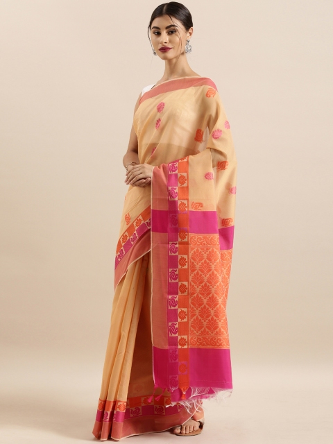 

The Chennai Silks Peach-Coloured & Orange Silk Cotton Woven Design Maheshwari Saree