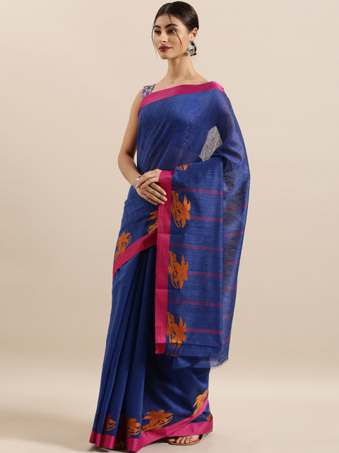 

The Chennai Silks Navy Blue Solid Cotton Blend Saree