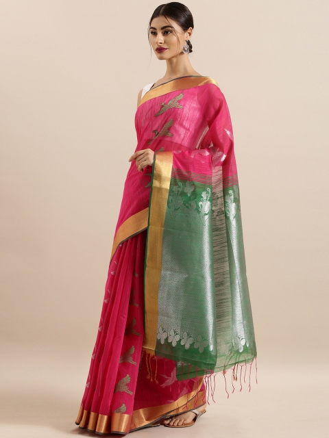 

The Chennai Silks Classicate Pink & Green Silk Cotton Woven Design Maheshwari Saree