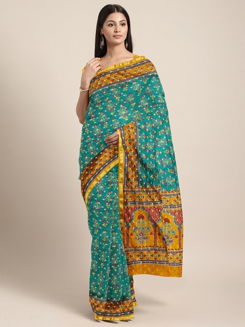 

The Chennai Silks Classicate Teal Green & Mustard Yellow Printed Banarasi Saree