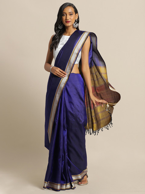 

The Chennai Silks Navy Blue Solid Pure Silk Saree