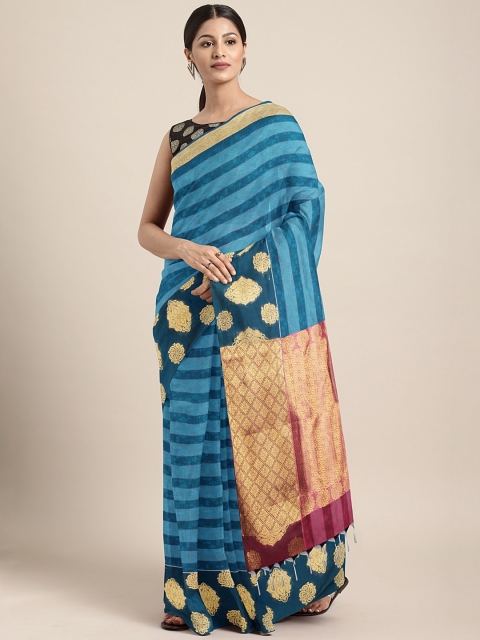 

The Chennai Silks Classicate Blue & Black Silk Cotton Striped Maheshwari Saree